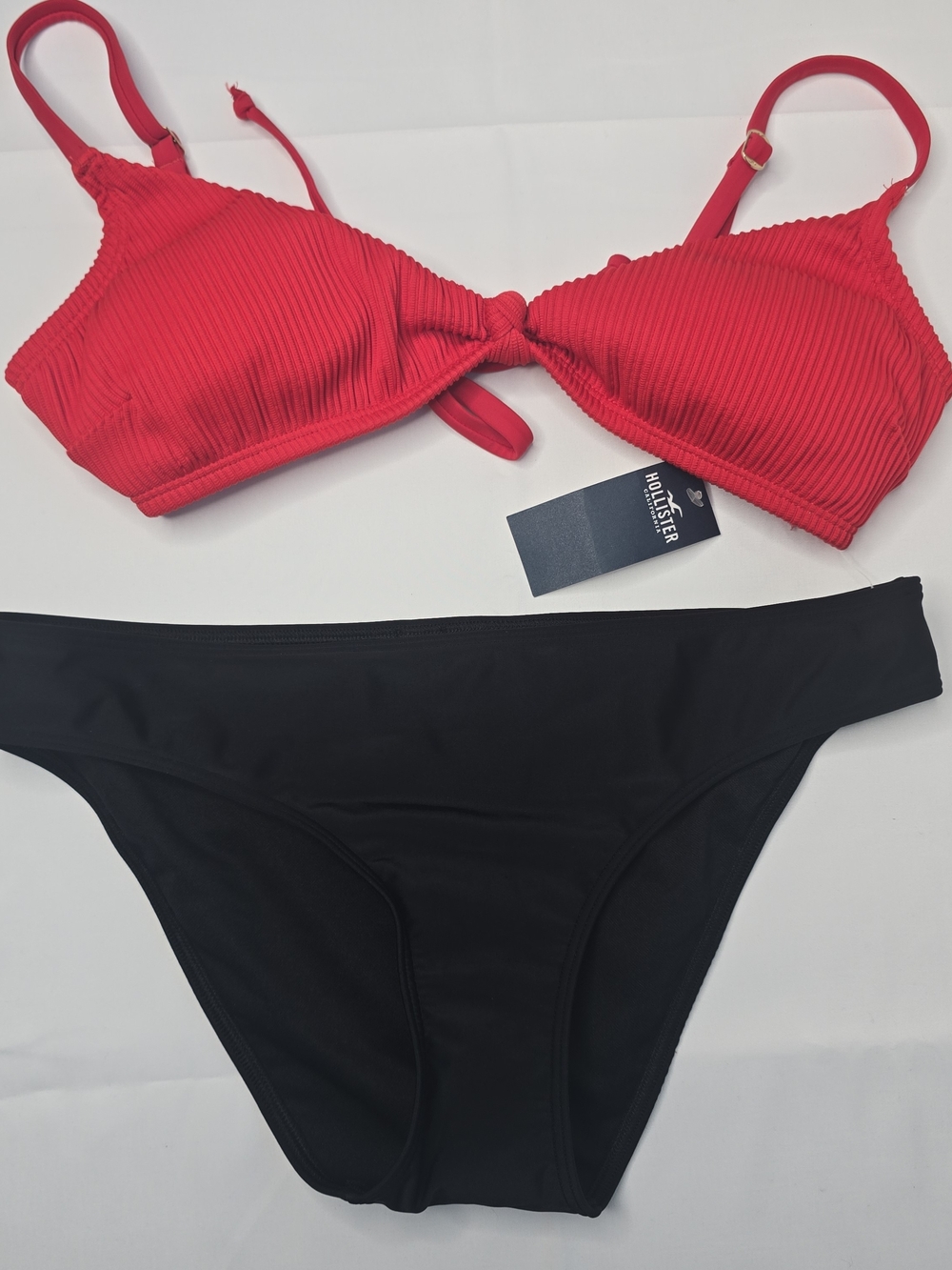 Hollister Ribbed Triangle Bikini Top and Bottom Set Black & Red Medium
